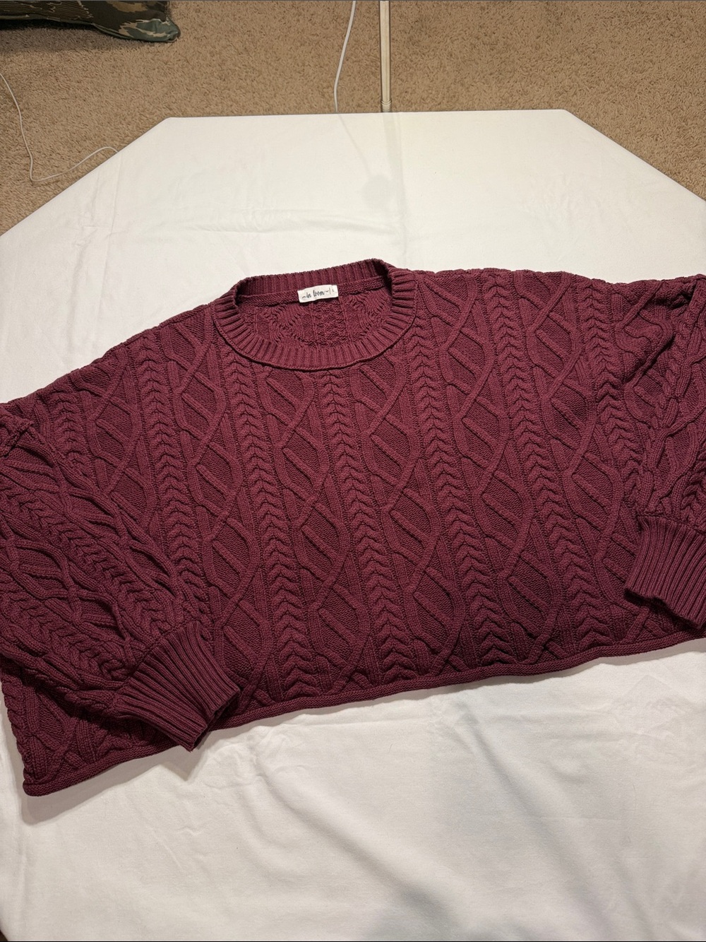 In Bloom Women’s Cropped Cable Knit Crewneck Sweater Burgundy 3/4 Sleeves